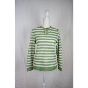 Vintage Green and White Striped Ribbed Knit Sweater with Colorful Specks